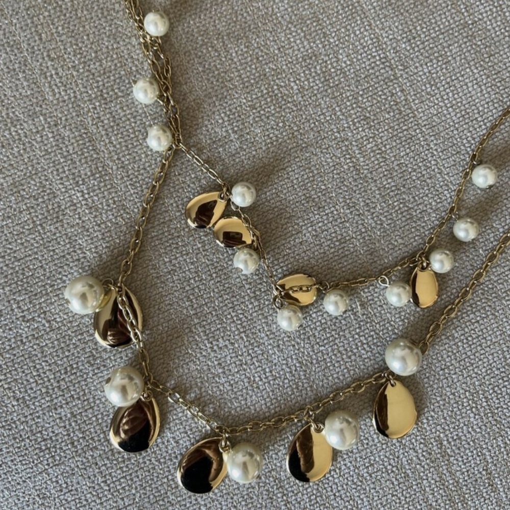 Designer J.Crew Gold-Tone Faux Pearl Double Strand Link Chain Necklace